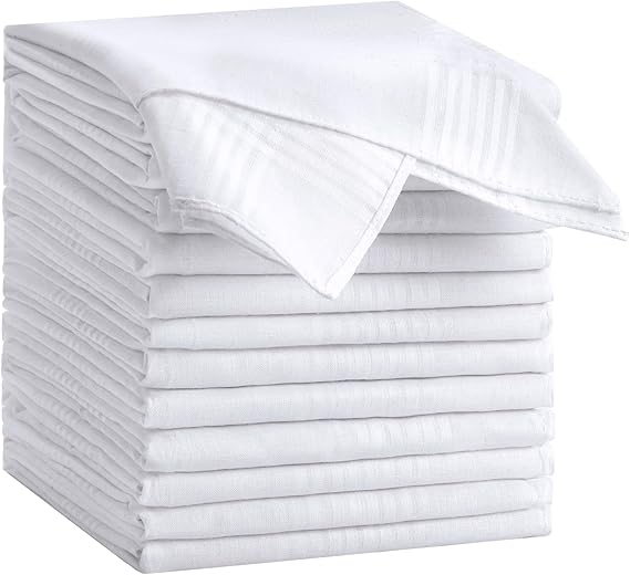 12 Pack Men's Cotton Handkerchiefs, 16x16 Inch, White | 100% Soft Cotton, Bulk Pack, Classic Pocket Hankies