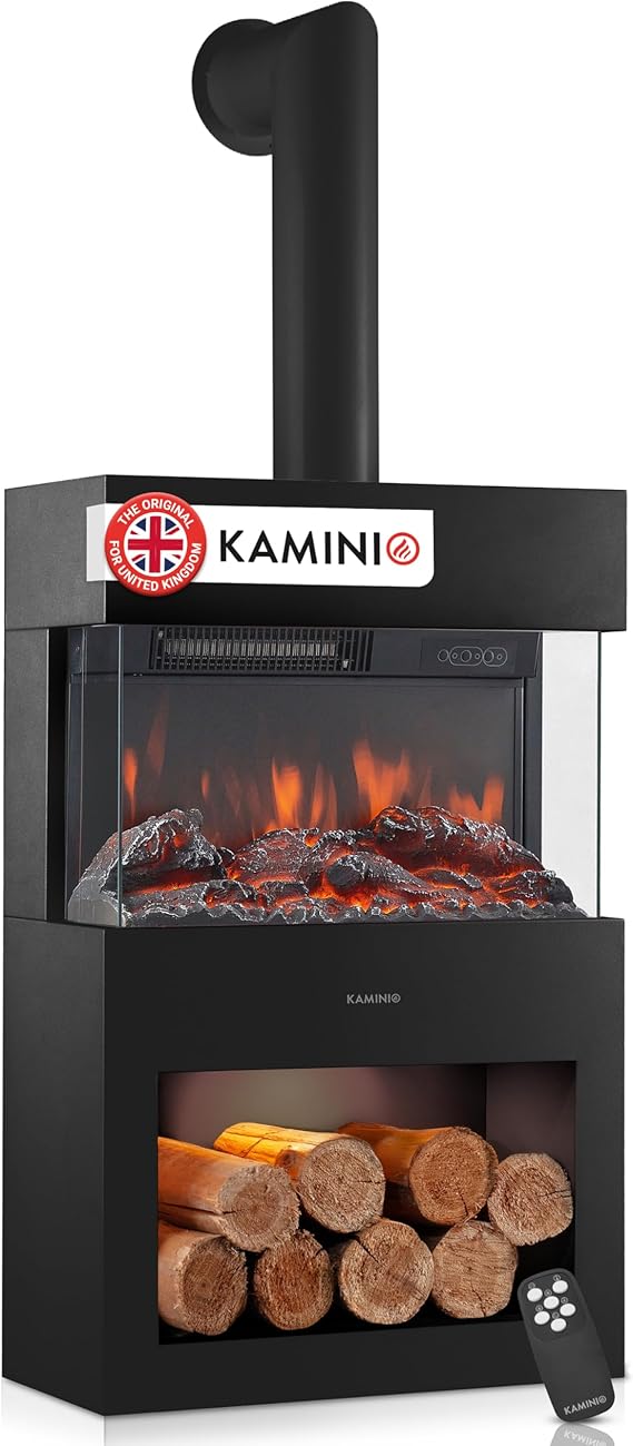 KAMINIO® Henri Electric stove fire with heater & pipe [Black fireplace]