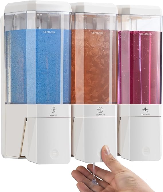 Shampoo and Conditioner Dispenser,GlintGath Shower Dispenser 3 Chamber No Drill Shampoo Dispenser for Shower Wall Mounted Shower Soap Dispenser for Bathroom Hotel,Large Capacity 3 * 500ML,White