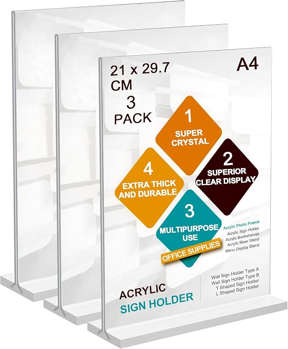 A4 Menu Holders, 3 Pack T-Shaped Acrylic Sign Holder Poster Display Stand