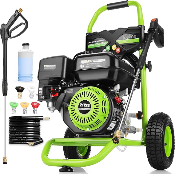 Commercial 4000PSI 4GPM 212CC 7.0HP Gas Pressure Washer, 9" Wheels Professional Gas Power Washer with 5 Nozzle 25FT Hose 1L Foam Bottle for Home Fence Driveway Yard (EPA/CARB/ETL Compliant), Green