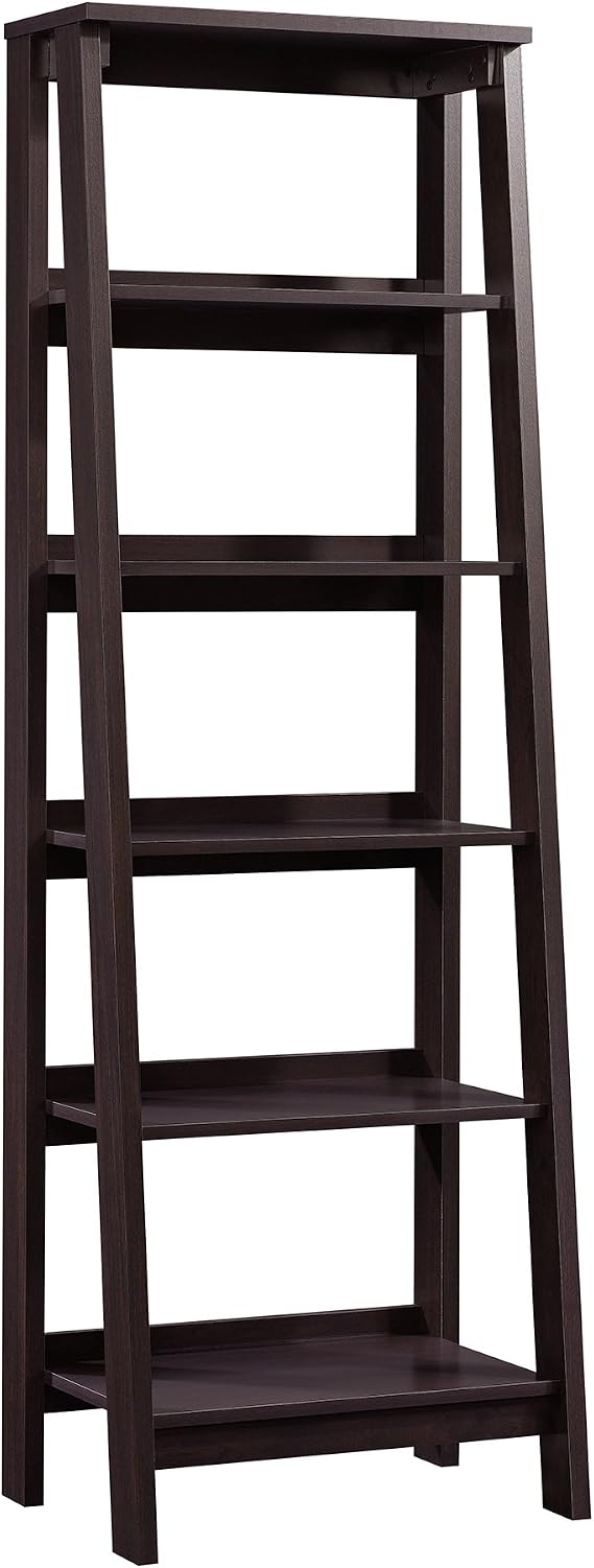 Sauder Ladder Bookshelf 5 Tier Trestle Ladder Shelf Wooden Bookcase, in Jamocha Wood