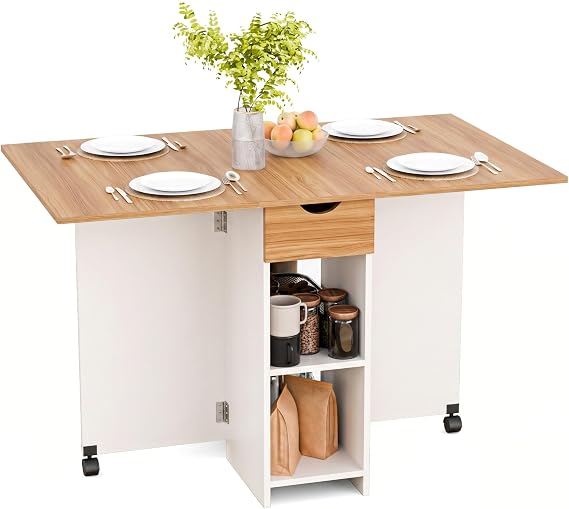 Mondeer Drop Leaf Table, 77-120 cm Folding Dining Table for 2-4 People | Storage Drawer and Open Shelves, Rolling Casters, for Small Space Kitchen Flat Dining Room, Red Oak and White