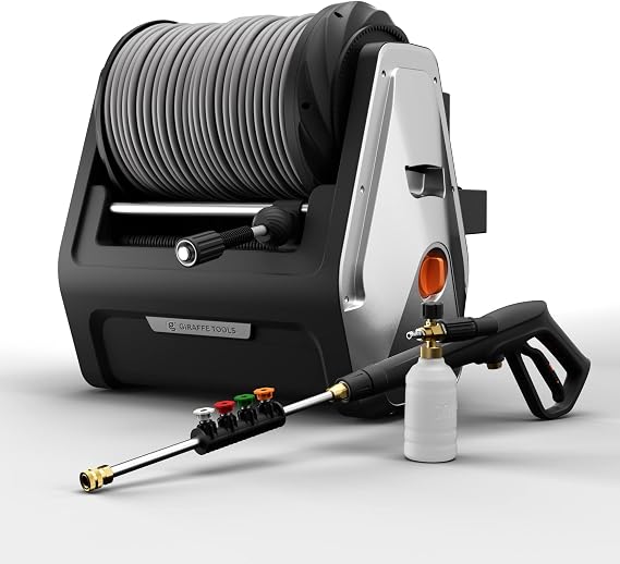 Giraffe Tools Grandfalls Pressure Washer Plus+, Electric Wall Mount Power Washer with 100FT Replaceable Pressure Hose, 2200PSI, 2.4GPM, 4 Nozzles, Foam Cannon for Cars/Patios