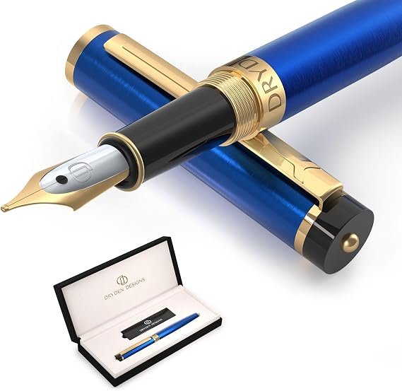 Dryden Designs Fountain Pen. Medium Nib Premium Box | 6 Ink Cartridges Included (Mysterious Blue)