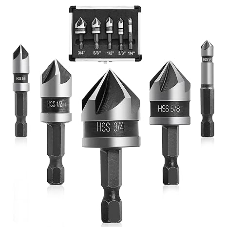 KENDO 5PCS Countersink Drill Bit Set, High Speed Steel Countersink Bits, 82 Degree 5 Flute Pieces, 1/4 Inch Hex Shank, Fit for Sink Holes into Metals, Wood, Plywood, Plastic with Aluminum Case