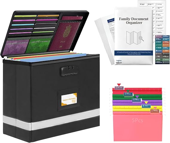Deluxe Next of Kin Box Organizer with Labels,Estate Planning Organizer Kit | Fireproof Home & Office Organization with Family Document Guide,Foldable Document Organizer for Family,Combination Lock