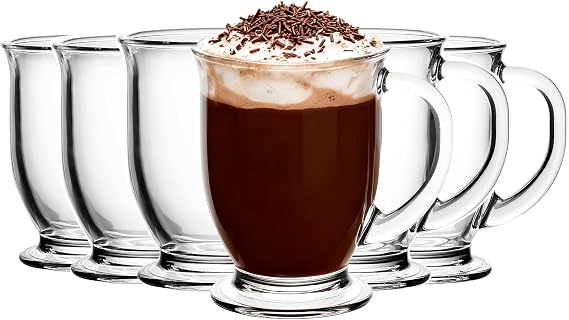 Glass Coffee Mugs Set of 6-15 OZ Clear Glass Tea Cups with Handle - Large Mugs for Tea, Espresso, Coffee, Cider, Hot Chocolate, Dishwasher Safe