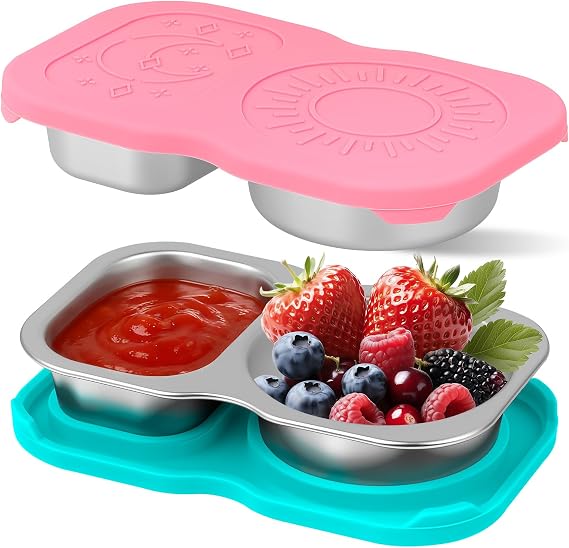 2 Pack Stainless Steel 2-Compartment Small Snack Containers with Lids, Reusable Snack Pack Containers, Lunch Box Accessories, Double Compartment Salad Dressing Containers to Go,
