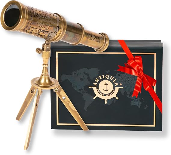 Vintage Brass Decor Telescope on Tripod, Antique Pirate Spyglass with Gift Box, Monocular Nautical Handheld Telescope Ideal for Home Decor, Gifting, Traveling, Bookshelf & Office Desk