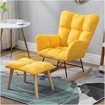 Nursery Rocking Chair Upholstered Glider Rocker Rocking Accent Chair with Footstool,Velvet Relaxing Recliner High Back Armchairs for Living Room Bedroom (Yellow)