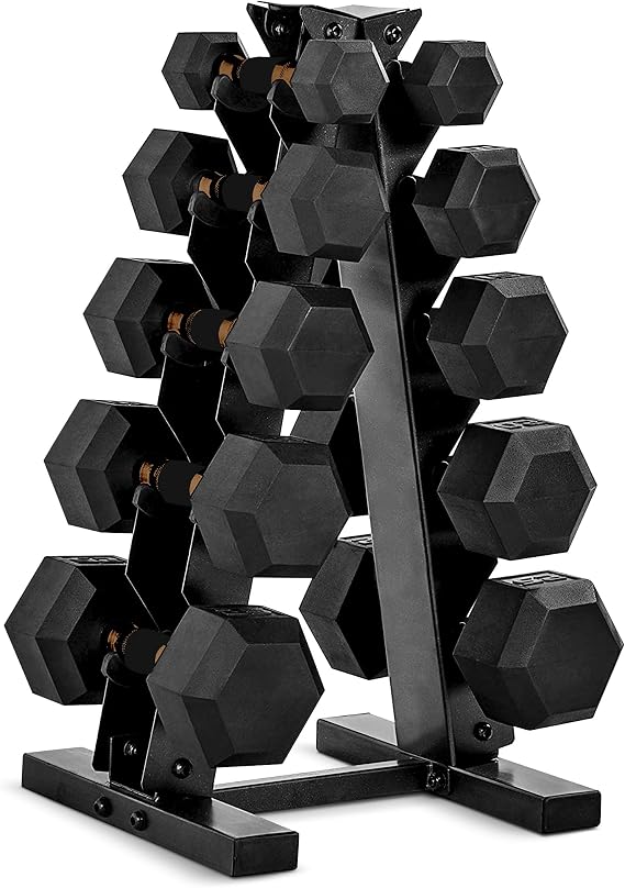 CAP Barbell 150 LB Coated Hex Dumbbell with Copper Handle Weight Set and Vertical Rack
