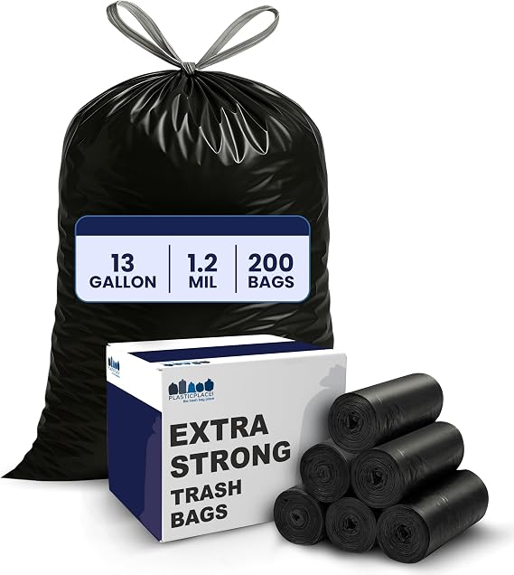 Plasticplace 13 gallon Extra Tall Drawstring Kitchen Trash Bags | Black 1.2 Mil, 24"W x 31"H (200Count)