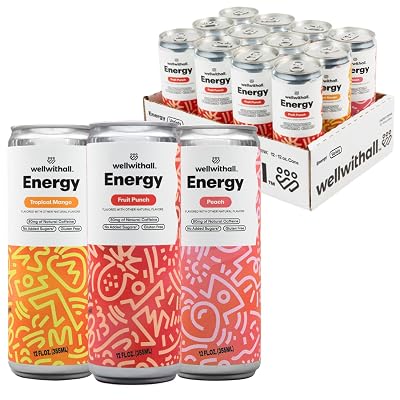 WellWithAll Energy Drink Variety Pack Fruit Punch, Tropical Mango, and Peach Flavors Caffeine from Tea With Vitamin C Lightly Sparkling Beverage Fruit & Veggie Juice Blend 12 Oz Pack of 12 4 Cans of Each Flavor