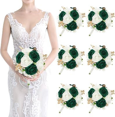Artificial Bridesmaid Bouquet Set of 6 - Wedding Flowers Bouquets for Bridesmaids, Small Pre-made Faux Small Floral Bouquets for Bridal Shower, Ceremony, Anniversary - Emerald White Gold, 7 Inch