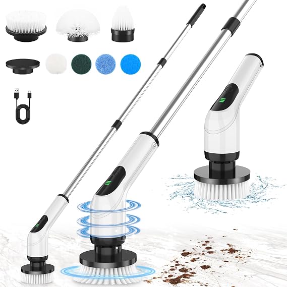 Electric Cleaning Brush Spin Scrubber, Cordless with 8 Replaceable Brush Heads, Handle Power Scrubber for Floor, Bathroom, Windows, Tiles, Kitchen