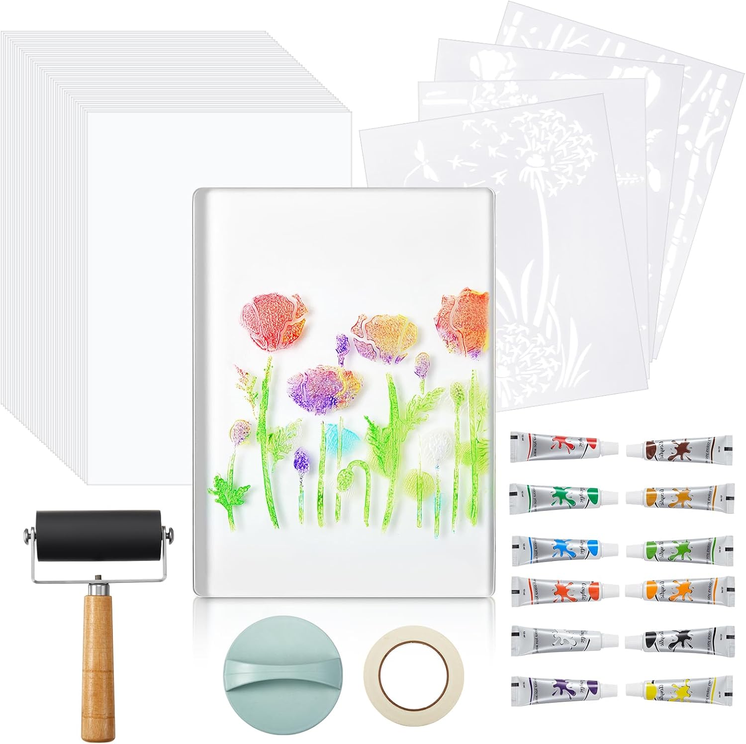 Fuyoooo Gel Printing Plate Kit, Complete Printmaking Set with 5 x 7 Gelatin Plate, Brayer, Printmaking Paper, Acrylic Paint and Essential Tools for Mixed Media Art, Monoprinting, Card Making