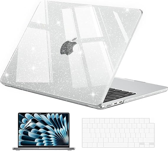 EooCoo Sparkly Case for MacBook Air 13 inch M5/M4/M3/M2 2026-2022, Clear | Glitter Design for Mac Air 13.6-inch, Hard Shell & Keyboard Cover & Screen Protector Included, A3449/A3240/A3113/A2681