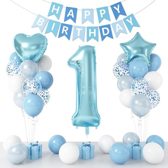 1st Birthday Decorations for Boys, 28Pcs Blue Party Supplies Kit