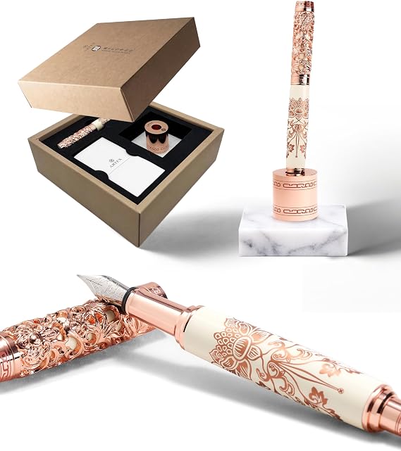 ARTEX x National Palace Museum Gold Lotus Fountain Pen & Marble Stand Set | Luxury fountain pen with solid metal body, German SCHMIDT fine nib and natural marble stand for elegant desk display.