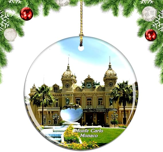 Casino of Monte Carlo Monaco Christmas Xmas Tree Ornament Decoration Hanging Pendant Decor City Travel Souvenir Collection Double Sided Porcelain 2.85 Inch