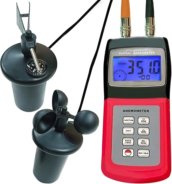 Digital Multi-function Thermo Anemometer with 3-Cup Type Sensor, Portable Wind Speed Air Flow Gauge, Weather Wind Velocity Direction Tester Meter