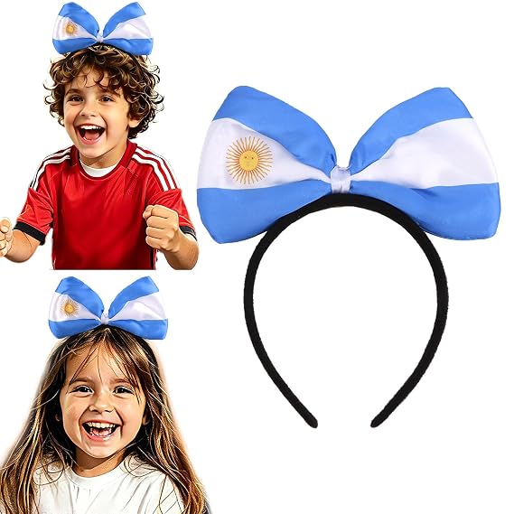 Argentina Inspired Color Bow Headband, Blue and White Satin Bow Headband for Sports Fans, Non-Slip Black Head Band for Soccer Parties and Themed Events
