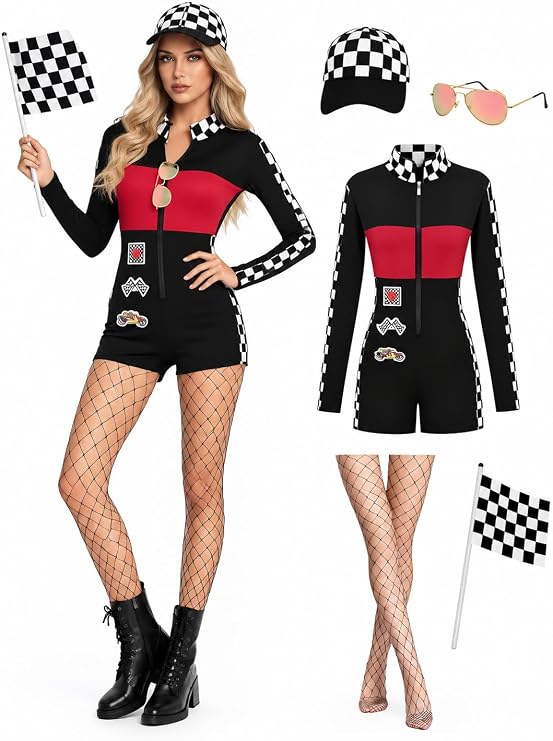 Race Car Driver Costume Women, Racing Jumpsuit Set Racing Suit Onesie Jacket for Adult Sexy Halloween Cosplay Outfit
