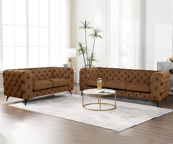 Living Room Furniture Set, Microfiber Sofa Set for Living Room, Modern Couch Set Living Room Sofa Set with Mental Leg (Sofa and Loveseat Set, Brown)