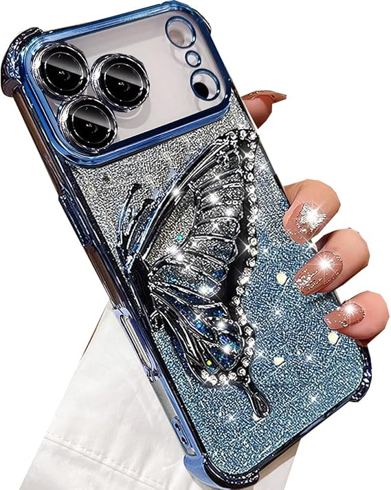Changjia for iPhone 17 Pro Max Glitter 3D Butterfly Case, Cute Bling Sparkle Liquid Flowing Diamond Butterfly Foldable Kickstand with Camera Lens Protector Women Girls Case for iPhone 17 Pro Max, Blue