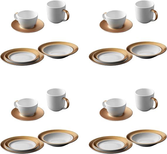 BergHOFF GEM Porcelain Set of 24pc Dinner Deep Plate Large & Small Plate Coffee Mug Tea Cup Saucer White & Gold Daily Serving Elegant Glossy Finish Dishwasher Safe