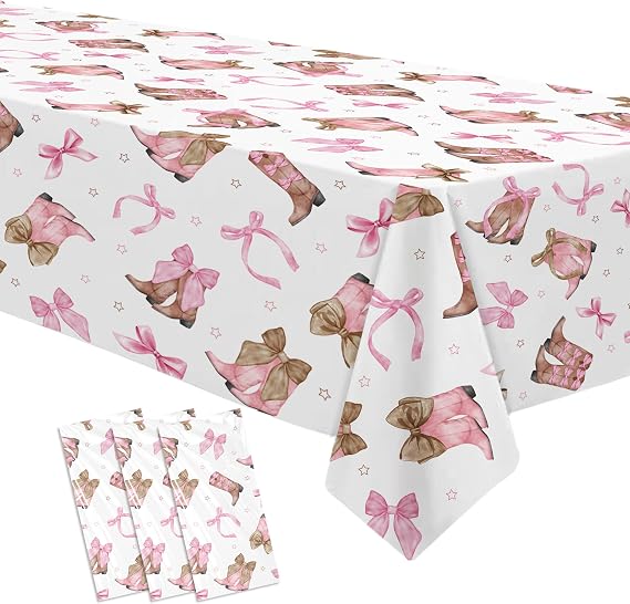 Pink Bow Cowgirl Tablecloths Decorations, Bow Boots Theme, 3 Pack