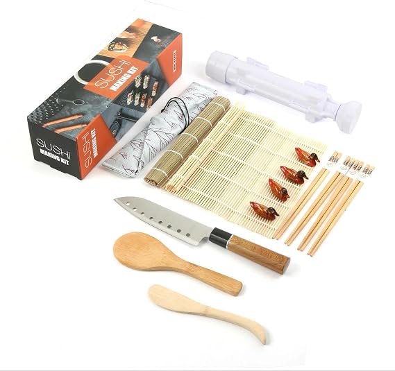Sushi Making Kit 16 Pcs - Bazooka Maker with 2 Bamboo Mats and 4 Chopsticks with Bag, Paddle, Spreader, DIY Sushi Roller Machine for Beginners with Cook Book
