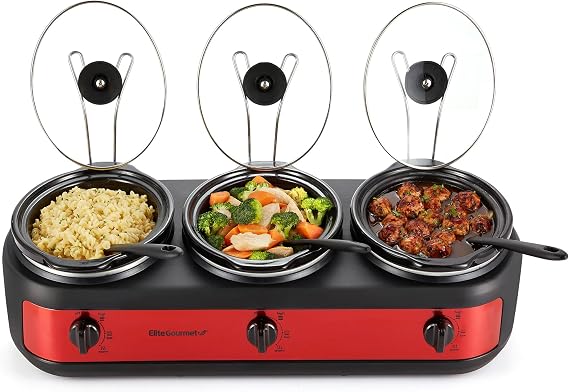 Elite Gourmet EWMST-325R Triple Slow Cooker Buffet Server, 3 x 2.5 Qt, Red | Adjustable Temp, Dishwasher-Safe Oval Ceramic Pots with Lid Rests - Great for Parties & Entrees