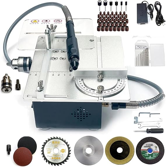 Mini Table Saw, Tabletop Wood Work Bench, Tabletop Circular Saw, 7 Speeds, Small Size, DIY Cutting Machine, Cutting Tool, 0-90° Angle Adjustment, 0-1.2 inches 0-30 mm Blade Elevation, 4 Saw Blades Included, Polishing Wood, PCB Boards, Acrylic Plates, Plastics, Metal, Suitable for Cutting and Polishing