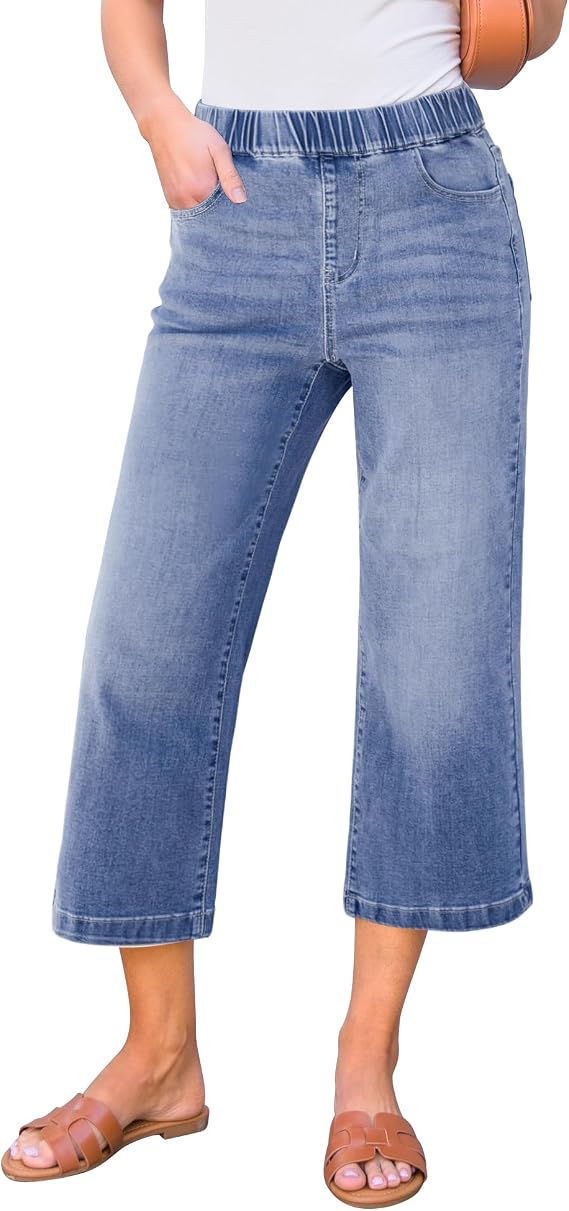 GRAPENT Capri Jeans for Women Wide Leg High Waisted Effortless Flow Pull On Stretchy Denim Elastic Waist Pants with Pockets