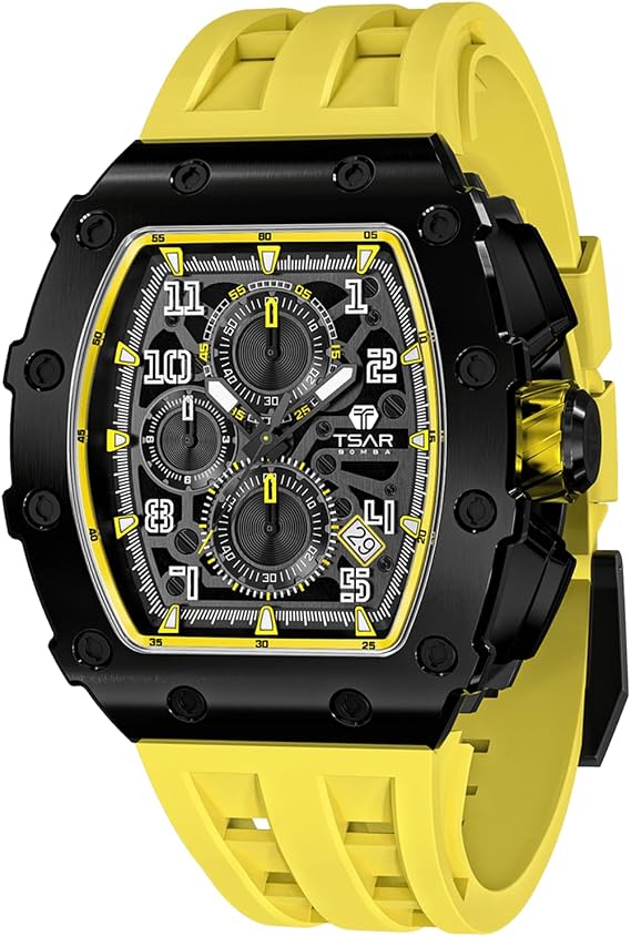 TSAR BOMBA Men's Watch Tonneau Design 50M Waterproof Chronograph Luxury Watches for Men with 316 Stainless Steel Case Square Sport Military Work Wristwatch with 22mm Watch Strap Stylish Men's Gift