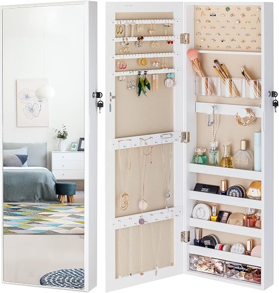 LUXFURNI Mirror Jewelry Armoire Cabinet with Storage, Door Hanging/Wall Mounted Cabinet Organizer with Brush Holder, White