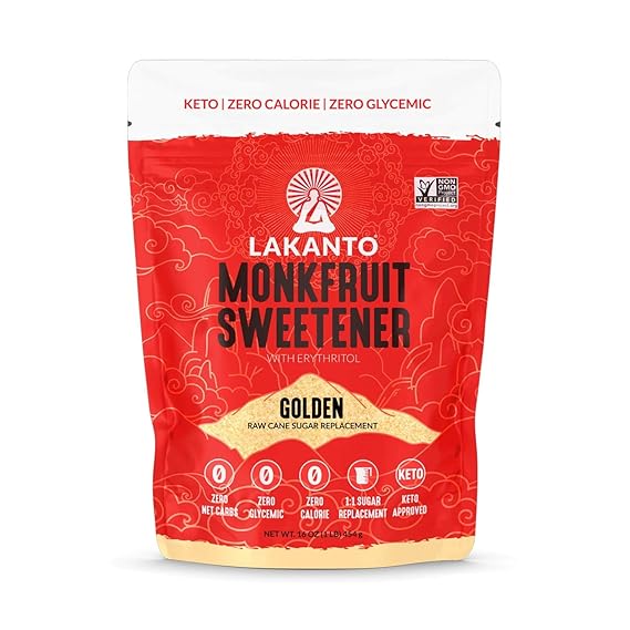 Monk Fruit Sugar Substitute Keto Friendly Non-Glycemic Zero Calorie Golden Sweetener in 16 Oz pack 1:1 Ratio for Sugar Substitute Tastes just like Sugar