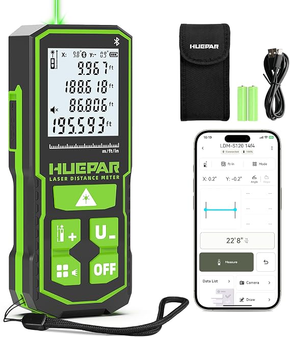 Huepar S60-G-BT Professional Bluetooth Laser Measuring Tool, 200ft | APP Control, Green Beam, 1/16" High Accuracy, Rechargeable USB-C Laser Distance Meter, Angle Sensor, IP54, Gifts for Men