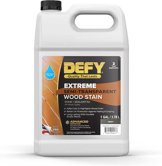 DEFY Extreme Semi-Transparent Outdoor Wood Stain and Sealer in One, Gray, 1 Gallon - Fence Stain, Deck Stain and Sealer for All Wood Types