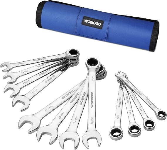 WORKPRO Combination Wrench, Ratchet Wrench Set, Spanner, 72 Gears, 0.3 - 0.7 inches 8 - 19 mm, Set of 12, Dual Use Heads, Mirror Finish, CR-V, Assembly, Automotive Repair, Maintenance, Wrench Set, Waterproof Storage Bag Included