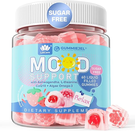 Ashwagandha Saffron Happy Calm Relax Gummies w/Omega 3 for Mood Support | Natural Calming Supplement Gummy for Adults with L-Theanine & CoQ10 for Women Men, Sugar Free, Vegan, Strawberry Flavor, 60ct