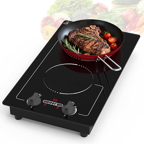 VBGK Double Induction Hob, 3000W 220V Plug in 2 Ring Induction Hobwith Knob Controls, 9 Power Levels, 99-Minute Timer, Child Lock and LED Touch Screen, Built-in Portable Induction Cooker, Black