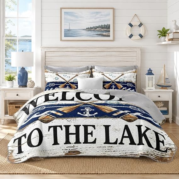 3 Pieces Nautical Queen Quilt Set,Reversible Microfiber Retro Paddle Anchor Beddding Sets,Summer Beddding Soft and Lightweight Bedspread with 2 Pillowcases.