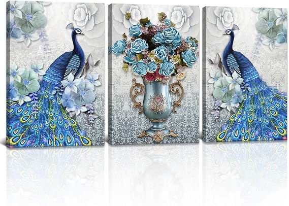 DekHome 3 Pieces Blue Peacock Canvas Wall Art Elegant Flower Bouquet Vase Giclee Wall Art Peacock Picture Paintings Stretched and Framed Vintage Home Office Living Room Bedroom Decor 16"x24"x3pcs