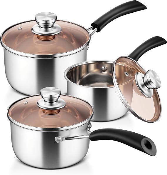 LIANYU 18/10 Stainless Steel Sauce Pan with Lid, 1 & 2 & 3QT Sauce Pot Set