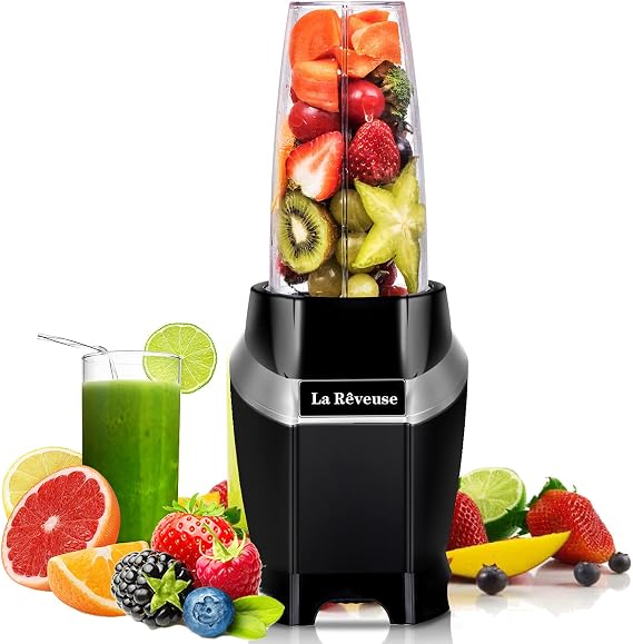 La Reveuse 1000W Power Blender For Smoothies, Shakes, Frozen Drinks, Black | 24oz To-Go Cup with Spout Lid, BPA-free, Dishwasher Safe, 6-Leaf Crushing Blade, Compact for Home, Gym, Office Use, LARB1803B