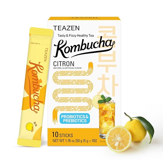 TEAZEN Citron Kombucha Tea, Hydration Drink Mix, Sugar Free, Live Probiotics & Prebiotics, 10 Sticks, 1.76oz