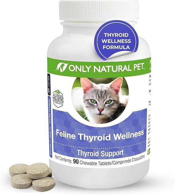 ONLY NATURAL PET Thyroid Support Supplement for Cats - Multivitamin with L-Carnitine & Lemon Balm - Vet Formulated - Helps with Endocrine & Immune Health - Turkey Flavored Chewable - 90 Tablets